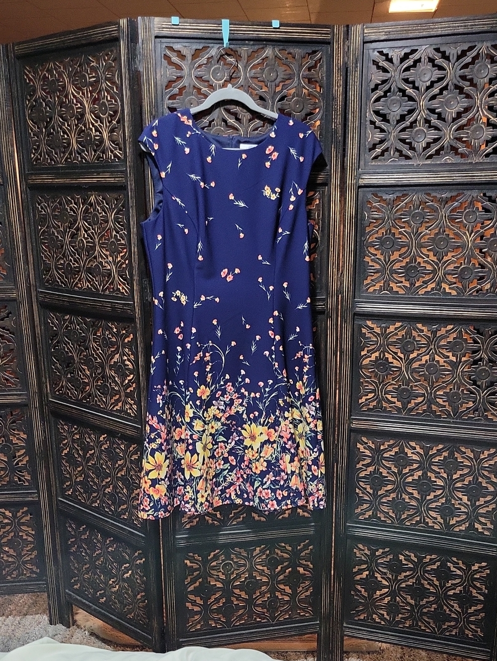 London Times Navy Blue Floral Fit-and-Flare Dress